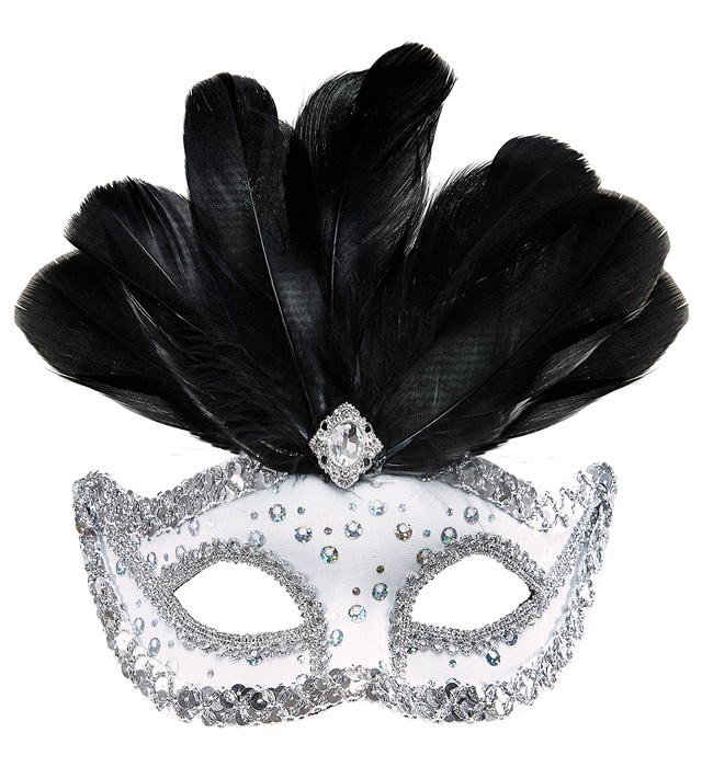 [03869] "LOUP BLANC RIALTO AVEC PAILLETTESHOLOGRAPHIQUES, PIERRE, BORDURE PAILLETTES ARGENT ET PLUMES"