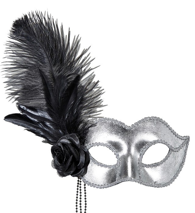 [03887] "LOUP VENISE ARGENT AVEC ROSE, PERLES ET PLUMES"