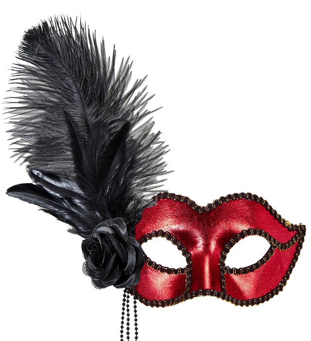 [03888] "LOUP VENISE METAL ROUGE AVEC ROSE, PERLES ET PLUMES"