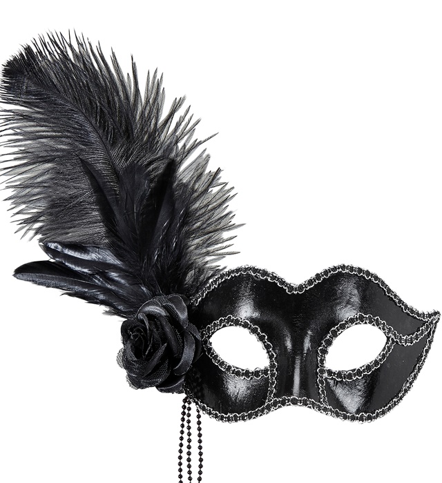 [03889] "LOUP VENISE NOIR BRILLANT AVEC ROSE, PERLES ET PLUMES"