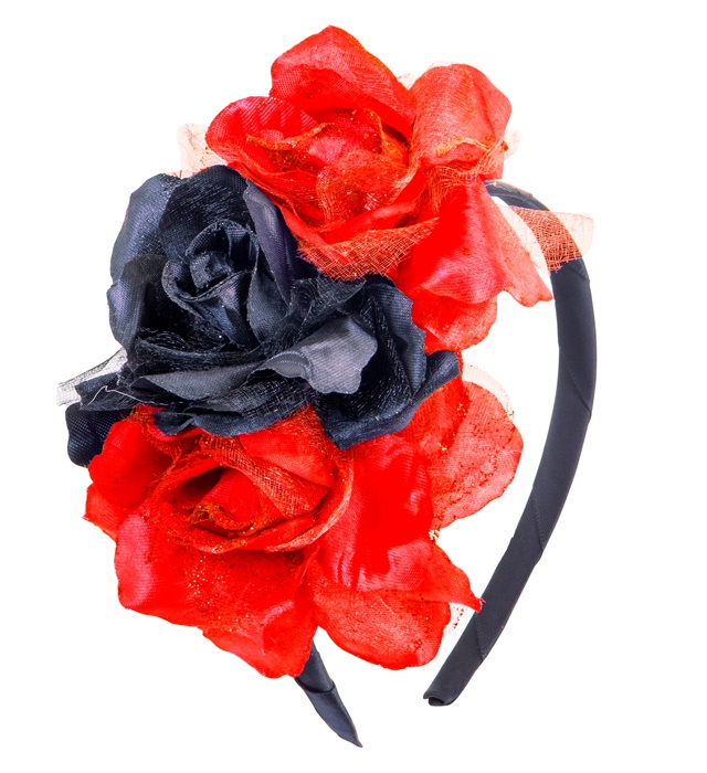 Serre-tête avec 3 roses rouges et noires