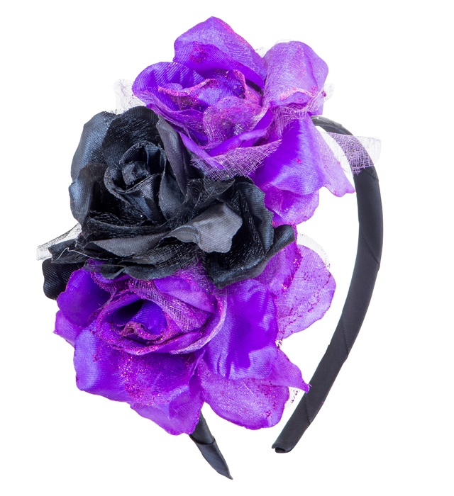 Serre-tête avec 3 roses violettes et noires