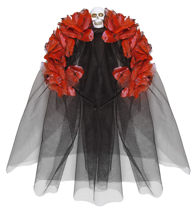 Serre-tête avec 6 roses rouges, avec crâne et voile