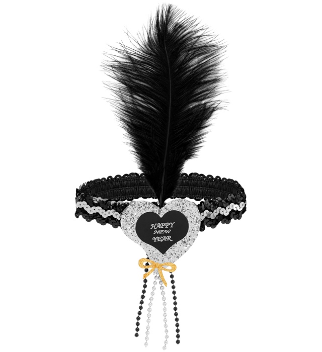 Tour de tête à sequins  "Happy NewYear" sur coeur noir et gris et plume