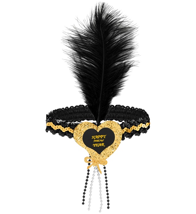 Tour de tête à sequins  "Happy NewYear" sur coeur noir et doré et plume