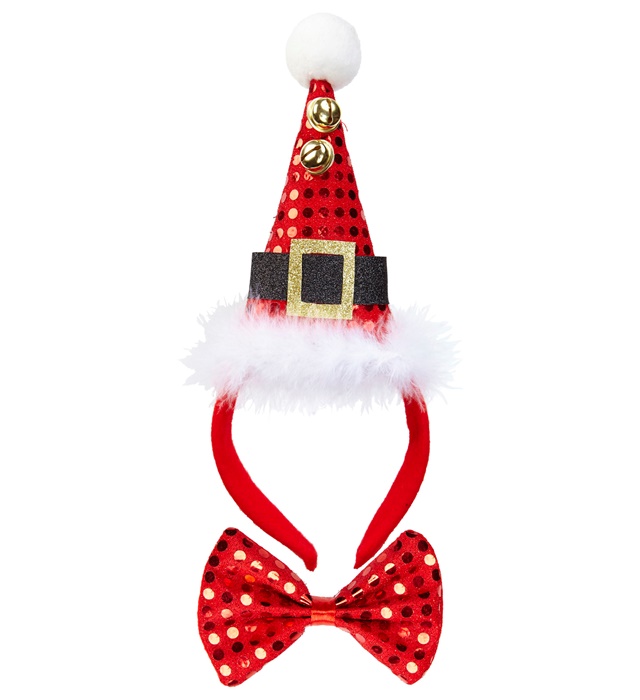 "MINI CHAPEAU PAILLETTES  PÈRE NOEL AVEC 2 CLOCHES ET NOEUD PAPILLON"
