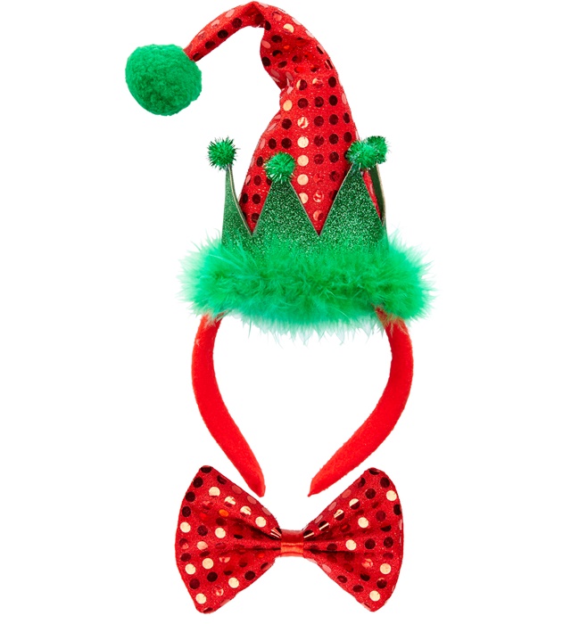 "MINI CHAPEAU ELFE DE NOEL ET NOEUD PAPILLON PAILLETES"