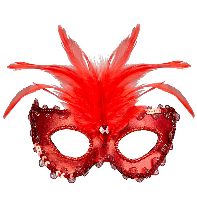 [04691] "LOUP DE BARONNE METAL ROUGE AVEC PIERRE, PERLES ET BORDURE PAILLETTES ET PLUMES"