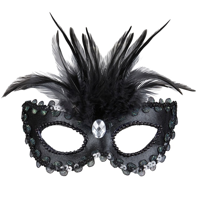 [04692] "LOUP NOIR BRILLANT AVEC PIERRE, PERLES ET BORDURE PAILLETTES ET PLUMES"
