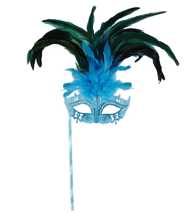 "LOUP DE MARQUISE TURQUOISE DECORé AVEC STRASS, PIERRE ET PLUMES AVEC BATON"