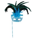 "LOUP DE MARQUISE TURQUOISE DECORé AVEC STRASS, PIERRE ET PLUMES AVEC BATON"