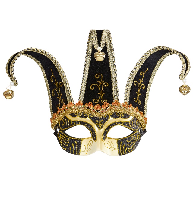 [04714] "MASQUE DE BOUFFON NOIR DECORé AVEC OR ET VIOLET ETCLOCHETTES" unisex