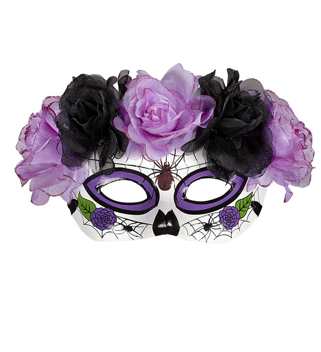"MASQUE JOUR DES MORTS DECORE AVECROSES NOIRES ET VIOLETTES"