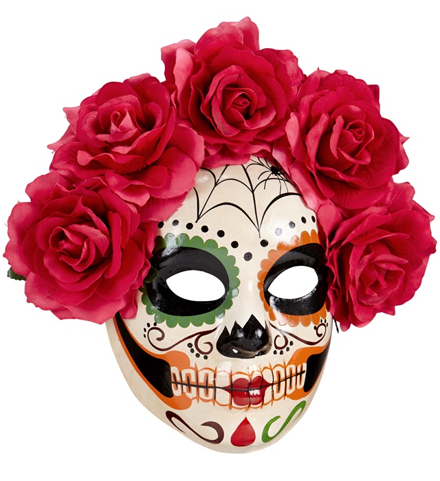 [04785] "MASQUE JOUR DES MORTS DECORE AVECROSES ROUGES"