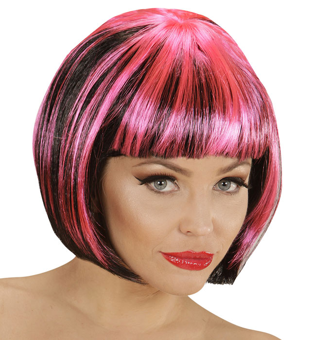 [04953] "PERRUQUE FASHION STRIÉE NOIR ET ROSE" en sachet