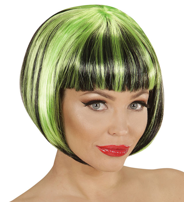 [04956] "PERRUQUE FASHION STRIÉE NOIR ET VERT" en sachet