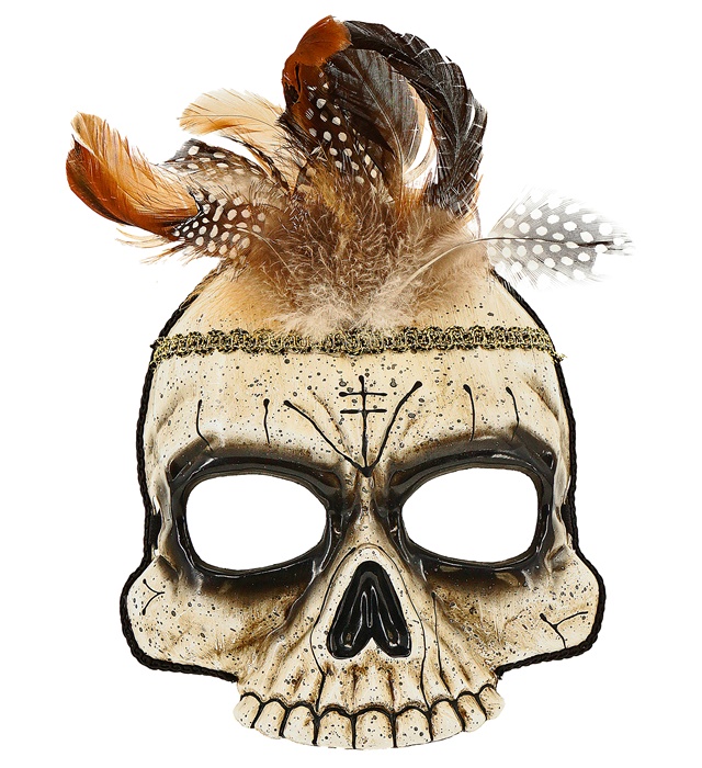 [05207] "MASQUE SANS MENTON CRANE VOODOO AVEC PLUMES" en plastique dur