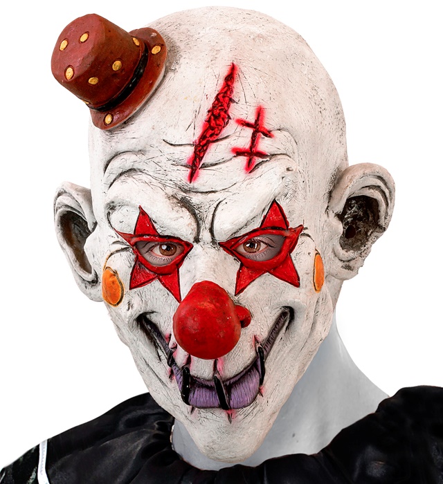 "MASQUE TETE COMPLETE CLOWN TUEUR AVEC MINI CHAPEAU"