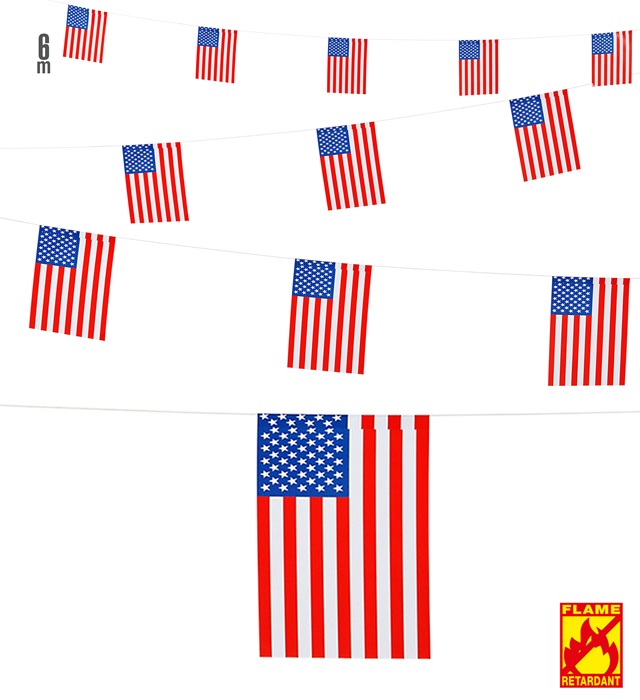 "GUIRLANDE DRAPEAU USA" - 6 m (taille drapeau 15x 20,5 cm) - retardateur de flamme