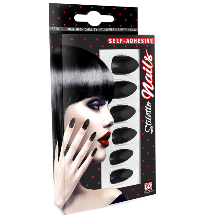 [05341] Set de "12 ONGLES STILETTO NOIRS AUTO-ADHESIFS"