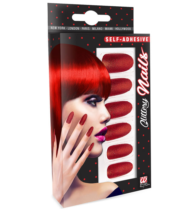 [05351] Set de "12 ONGLES ROUGES PAILLETESAUTO-ADHESIFS"