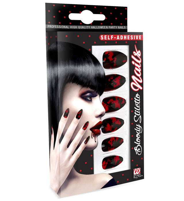 [05364] Set de "12 ONGLES NOIRS SANGLANTS STILETTO AUTO-ADHESIFS"