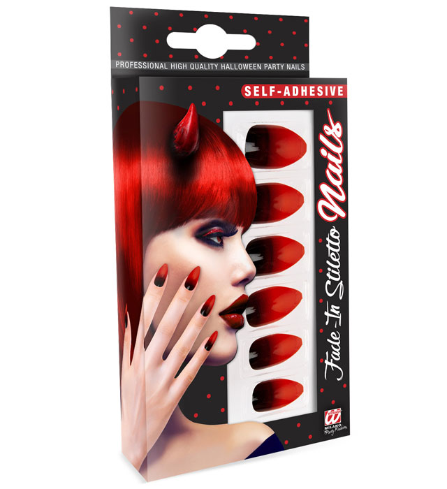 [05365] Set de "12 ONGLES NOIRS AVEC TEINTES DE ROUGE STILETTO AUTO-ADHESIFS"