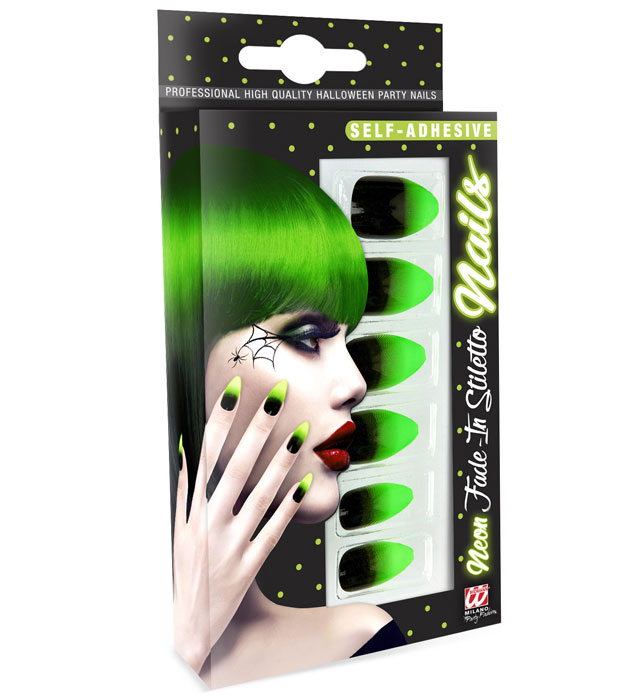 Set de "12 ONGLES STILETTO NOIRS AVEC NUANCES VERT NEON AUTO-ADHESIFS"