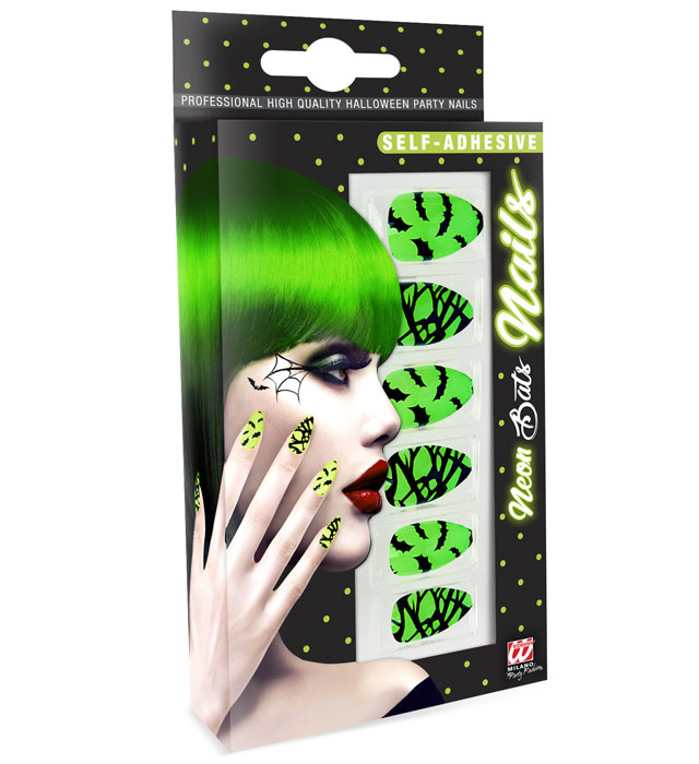 [05368] Set de "12 ONGLES FLUORESCENTS CHAUVE-SOURIS AUTO-ADHESIFS"
