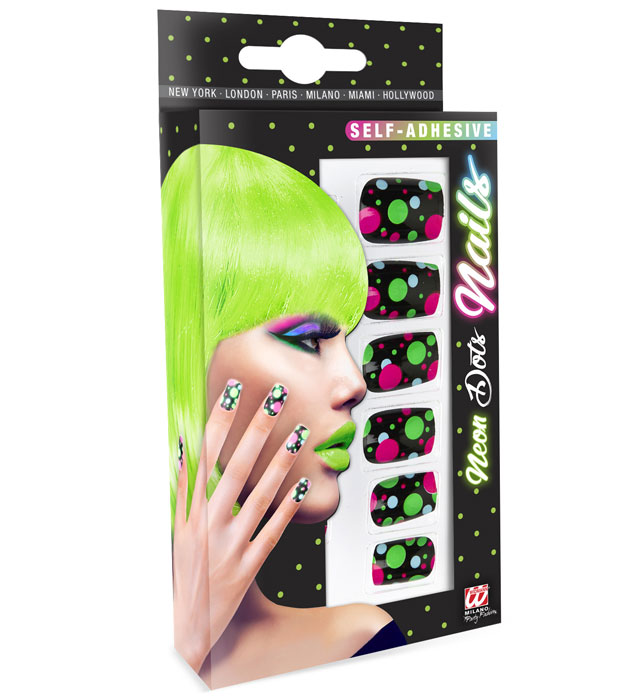 Set de "12 ONGLES NEON A POIS AUTO-ADHESIFS"