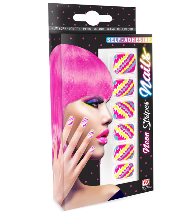[05375] Set de "12 ONGLES NEON A RAYURES AUTO-ADHESIFS"