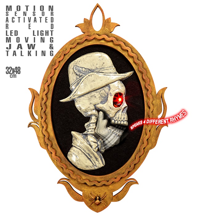 "CADRE TETE SQUELETTE MAJORDOME ANIME AVEC MANDIBULE AMOVIBLE ET YEUX AVEC LUMIERE LED CLIGNOTANT AUTOUR" activé par détecteur de mouvement - 32 x 48 cm - recite 4 comptines différentes