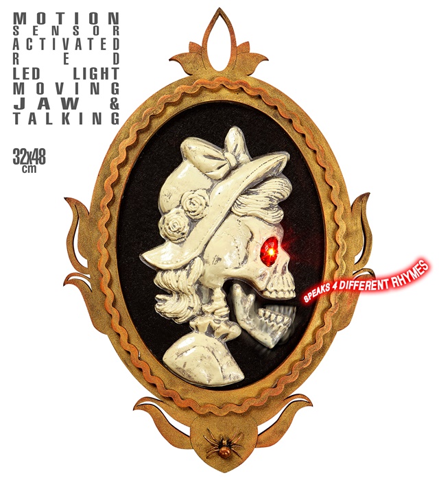 "CADRE TETE SQUELETTE GENTIL DAME ANIME AVEC MANDIBULE AMOVIBLE ET YEUX AVEC LUMIERE LED CLIGNOTANT AUTOUR" activé par détecteur de mouvement - 32 x 48 cm - recite 4 comptines différentes