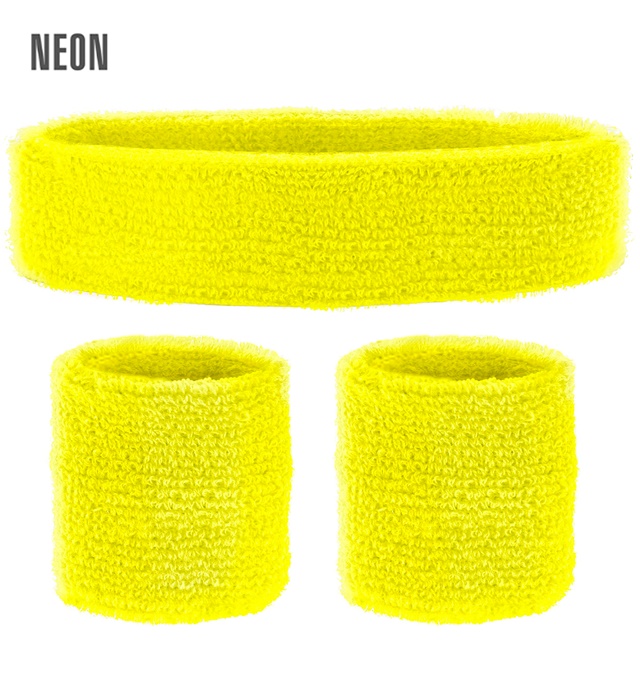 "SET COMPLET DE BANDEAUX JAUNES NEON" (bandeau,2 bandeaux de poignets)