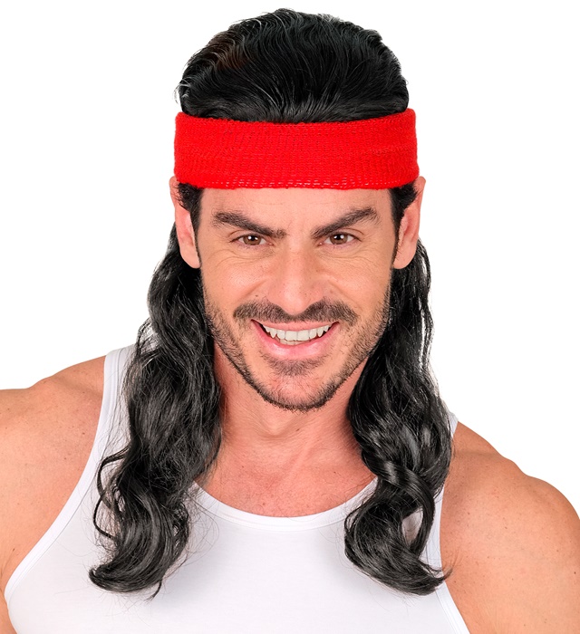"BANDEAU ROUGE AVEC CHEVEUX NOIRS FRISES"