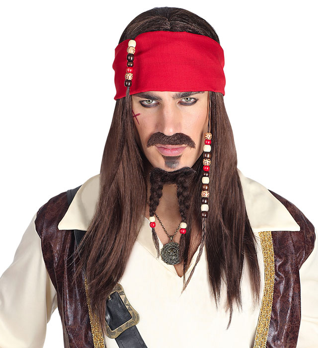 "PERRUQUE PIRATE DES CARAIBES AVEC BANDANA, MOUSTACHE & BARBICHE PERLES"
