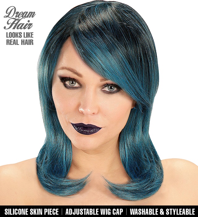 [06429] "PERRUQUE MEGAN NOIRE-BLEUE-VERTE DREAM HAIR" en boite couleur