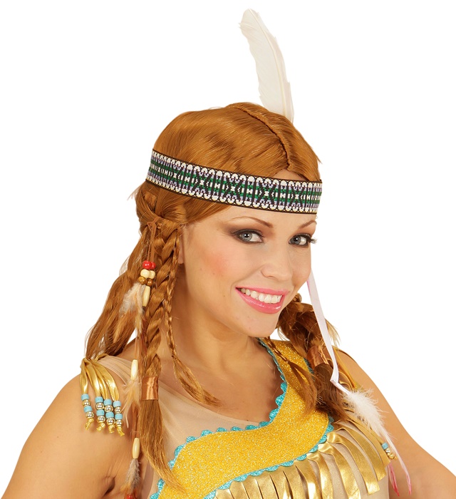 "PERRUQUE D'INDIEN CHIPPEWA AVEC COUETTES, PERLES, BANDEAU ET PLUME" en boite