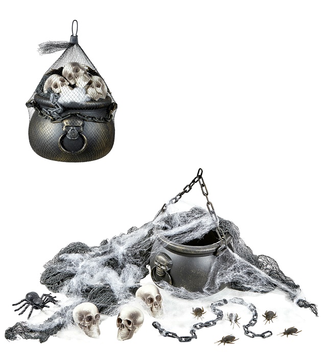 Set de "DECORATION HALLOWEEN" (chaudron, " crânes, toile et arraignée, chaine et tissu effrayant)