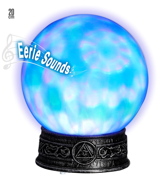"BOULE DE CRISTAL AVEC SUPPORT, CHANGEMENT DE COULEUR AVEC LUMIERES KALEIDOSCOPIQUES ET SONS EFFRAYANTS"20 cm