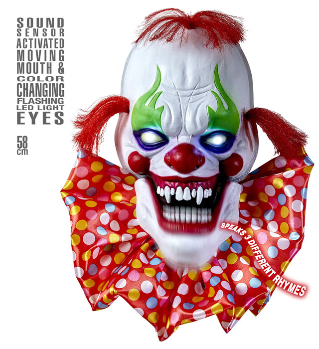 "CLOWN HORRIBLE AVEC BOUCHE MOBILEET YEUX LUMINEUX " 58 cm dit 3 phrases différentes  et capteur d'amination par son