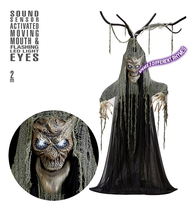"ARBRE HANTE D'HALLOWEEN AVEC BOUCHE MOBILE ET YEUX LUMINEUX " 200 cm dit 3 phrases différentes  et capteur d'animation par son