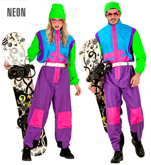 "COMBINAISON DE SKI VIOLET-BLEU-VERT FLUORESCENT" (combinaison, ceinture)