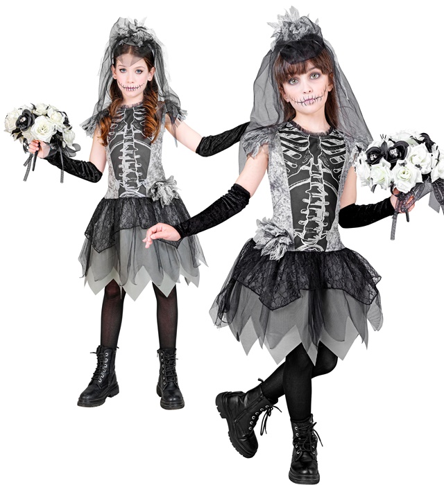 "MARIEE SQUELETTE" (robe, mitaines, voile de mariée)