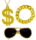 "MAC" (lunettes de soleil or, collier dollar or scintillant, bracelet or)