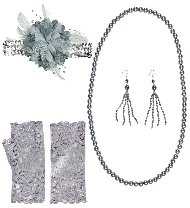 "CHARLESTON ANNEES 20 RUGISSANTES" (bandeau paillettes avec fleur, paire de boucles d'oreilles perles, collier de perles, paire de mitaines en dentelle)
