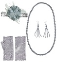 "CHARLESTON ANNEES 20 RUGISSANTES" (bandeau paillettes avec fleur, paire de boucles d'oreilles perles, collier de perles, paire de mitaines en dentelle)