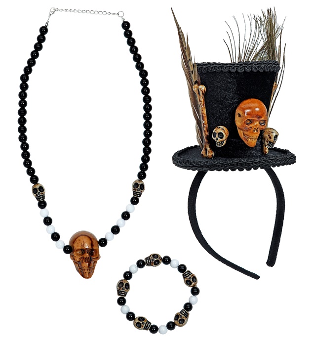 "PRETRE VAUDOU" (mini chapeau haut de forme, collier de crânes perles, bracelet de crânes avec perles)