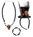 "PRETRE VAUDOU" (mini chapeau haut de forme, collier de crânes perles, bracelet de crânes avec perles)