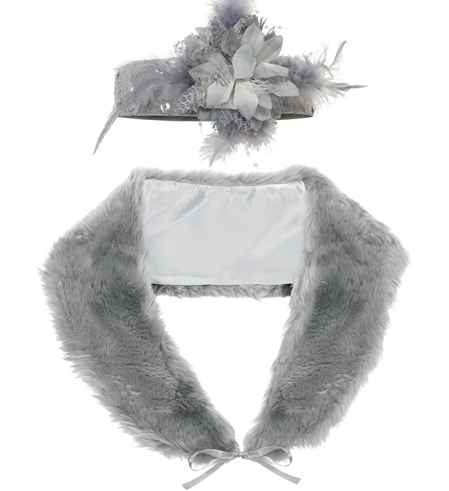 "CHARLESTON ANNEES 20 RUGISSANTES" (écharpe en fausse fourrure, bandeau en dentelle avec fleur)